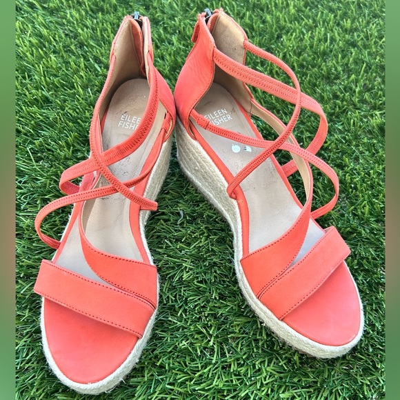 Eileen Fisher Wanda Suede Espadrille Wedge Coral Orange Raffia Zip SZ 9 - Picture 2 of 9